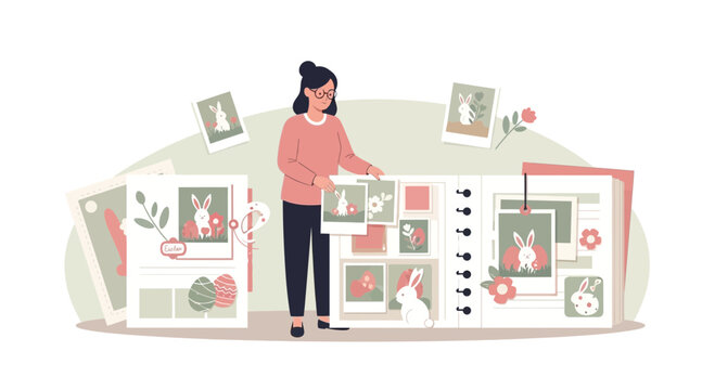 Woman Curates Easter Memory Book With Bunny Pictures And Springtime Designs