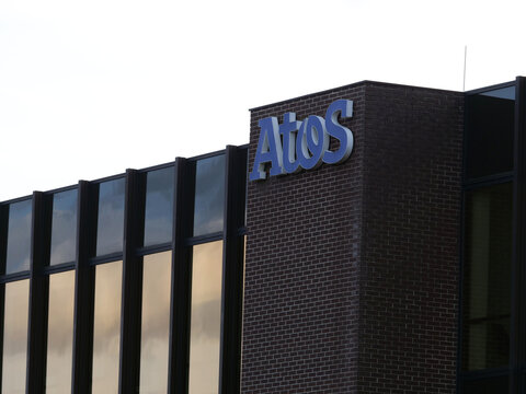 Germany, Paderborn, February 28. 2026, sign logo of Atos SE, a publicly traded French IT services company
