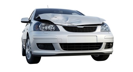 Front view of a damaged silver car with a crumpled hood