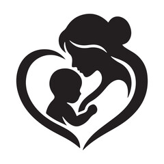Fototapeta premium Mother and Child Forming Heart Shape Silhouette Illustration, Family Love Symbol Concept, Minimal Black White Parenting Logo Graphic for Card and Social Media