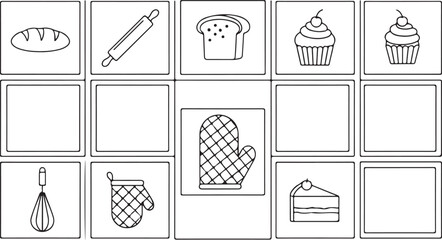 Line art illustrations of baking ingredients and kitchen tools