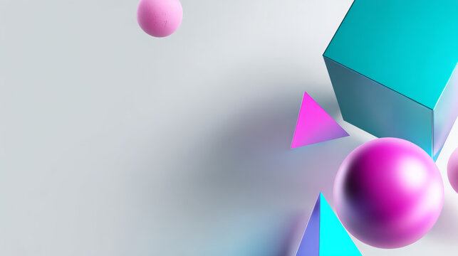 Abstract 3d rendering featuring an array of floating geometric shapes in magenta and cyan tones, casting soft shadows on a clean white background, creating a dynamic visual for modern design