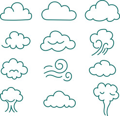 Obraz premium Diverse cloud and smoke icons collection. Simple line art style set for weather forecast, air pollution, wind, steam, fog, vapor, digital graphic Design.