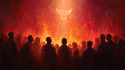 Silhouetted Gathering Under the Glowing Dove of Peace Amidst Flames of Unity