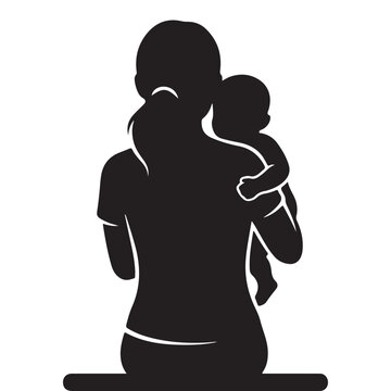 Mother carrying baby on shoulder silhouette vector illustration, loving parenting moment, caring mom and infant minimal black family icon isolated background