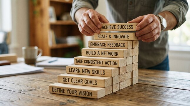 Stack of motivational wooden blocks representing keys to success including learning skills, networking, and clear goals.