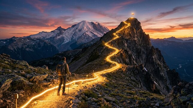 Scenic mountain landscape featuring a glowing winding path leading toward the peak symbolizing journey to success.
