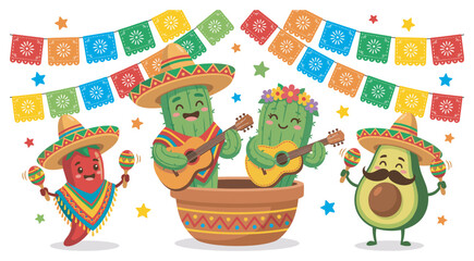 Fototapeta premium Adorable Mexican fiesta characters celebrate with music and dance under festive papel picado banners and colorful stars in a vibrant illustration.