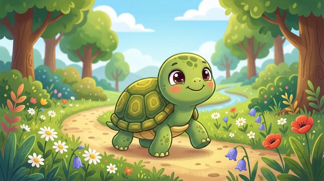 Friendly green cartoon turtle walking peacefully through a vibrant meadow landscape.
