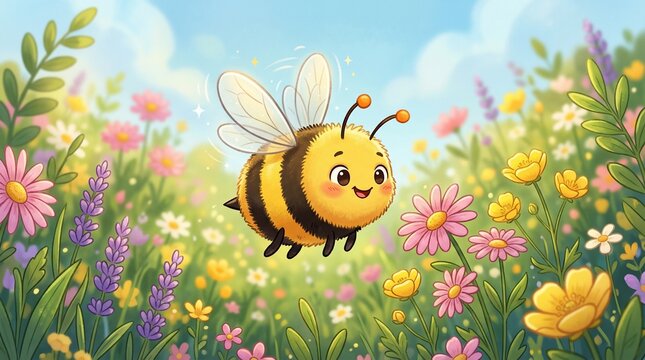 Cheerful cartoon bee flying in a colorful garden surrounded by flowers.