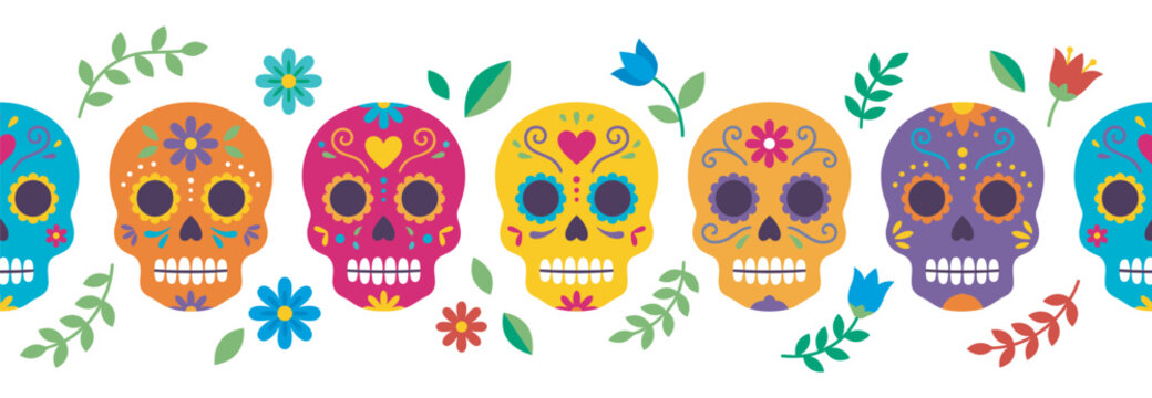 Colorful sugar skulls decorated with flowers and leaves form a vibrant festive border pattern for celebrations.