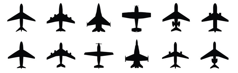 Assortment of twelve different airplane silhouettes top view for travel themes © Selim