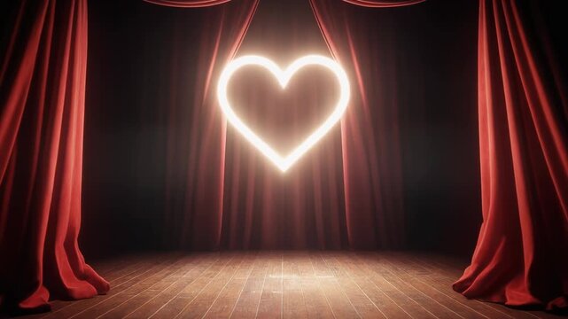 Glowing heart shape on stage with red velvet curtains and wooden floor romantic theater concept