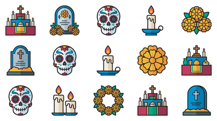 Fototapeta premium Day of the Dead icons featuring sugar skulls, marigolds, candles, and traditional altars in a vibrant flat design style.