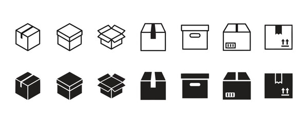 Box icons representing packaging and shipping, available in outline and solid fill styles © SkPrsho