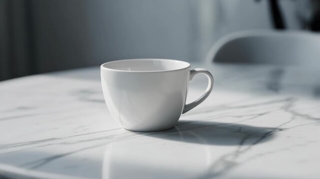 White ceramic coffee cup on marble table with soft natural light and minimalistic background