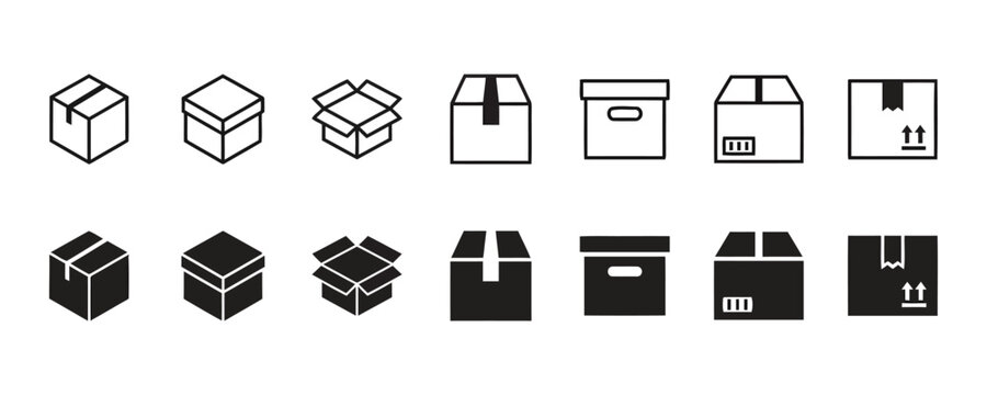 Box icons representing packaging and shipping, available in outline and solid fill styles
