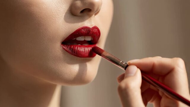 Close up of woman applying red lipstick with makeup brush for glamorous look and beauty