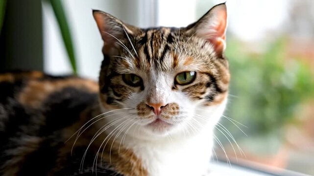 Cute calico cat with bright green eyes indoors