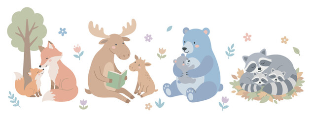 Obraz premium Woodland animals families illustrate heartwarming moments of love and care, depicted in a charming cartoon style, perfect for children's books and decor.