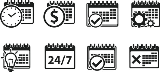 Obraz premium Black and White Calendar Icon Set for Business Management Featuring Schedule Planning, Financial Deadlines, Task Completion, Creative Ideas, Technical Settings, and Twenty Four Seven Support 
