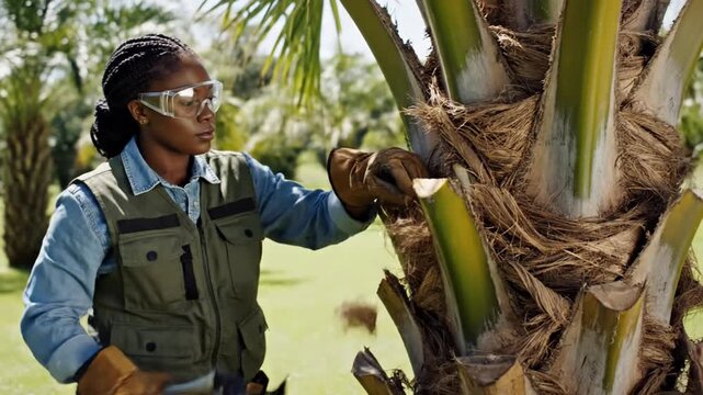 Black woman pruning palm tree with shears outdoors
