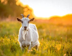 Obraz premium White goat stands in sunlit field, gazing forward with bright background