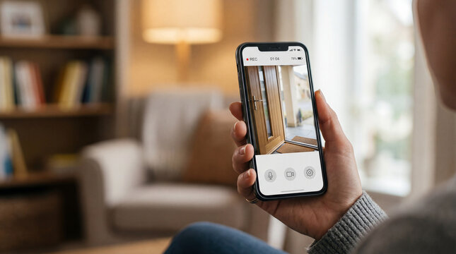 Person checks live video doorbell feed on smartphone &mdash; remote home security monitoring, visitor alerts, package delivery tracking and porch piracy prevention concept in cozy living room.