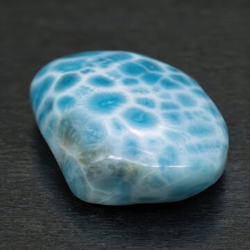 Larimar polished texture, sea-blue stone with white turtle-back patterns, Caribbean gem