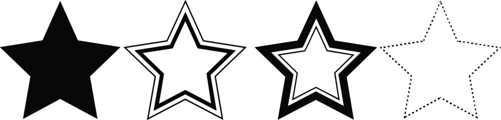 Obraz premium Set of four black minimalist star icons featuring solid silhouette, double outline, thick bold border, and thin dashed line styles on white background