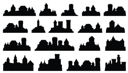 Collection of black silhouettes of medieval castles on white background © Sohel