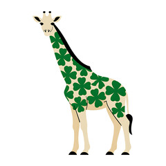 Naklejka premium Cartoon giraffe with green clover spots standing isolated on transparent background illustration transparent background