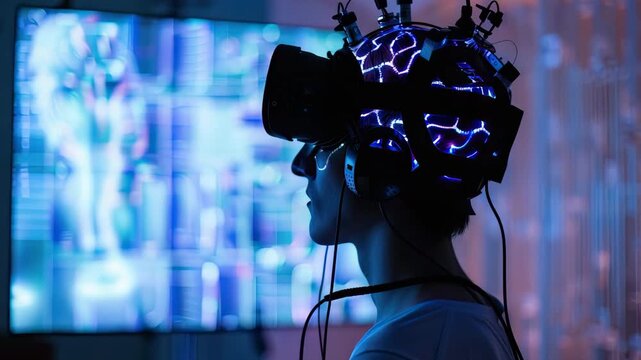 Man wearing vr headset with brain activity eeg sensor cap
