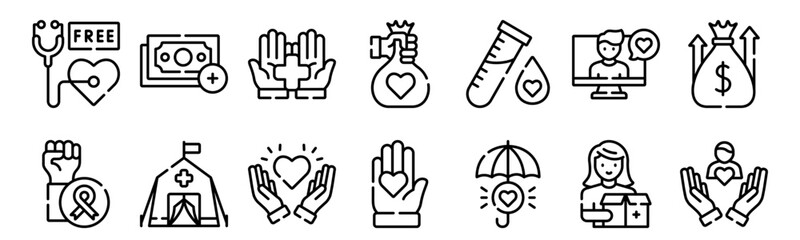 Fototapeta premium Set of 14 kindness and charity thin line icons including donation, support, medical check, emergency, health insurance, payment, give heart. Vector outline style