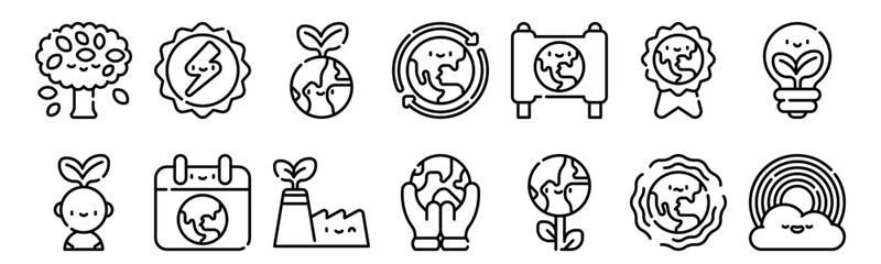 Fototapeta premium Set of 14 earth day ecology thin line web icons: tree, solar energy, eco factory, save planet, green earth, renewable energy, environmental conservation vector