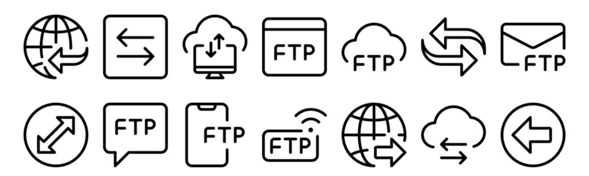 Set of 14 data transfer thin line web icons including cloud storage, FTP, wireless, browser, chat, upload, download, network and communication symbols in outline vector format