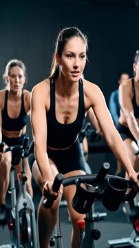 Woman trainer leads a spin class at a fitness studio. Participants engage in cycling to build endurance and increase energy. The atmosphere is intense and motivating for all riders