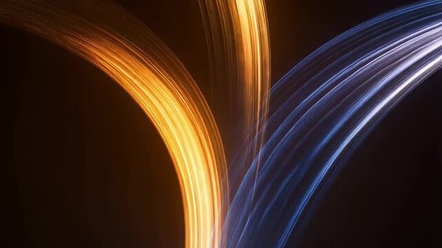 Sweeping bands of light arc across a dark background, warm amber ribbons crossing cool blue streaks; luminous trails curve in smooth, long-exposure motion, evoking fluid energy and cinematic flow.