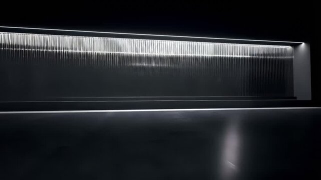 A sleek linear light glows behind a textured diffuser, casting a soft highlight across a dark metallic surface; the frame reveals minimalist industrial design in moody, low-key lighting.
