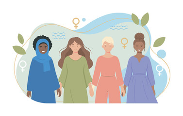 Fototapeta premium Four diverse women holding hands celebrate female empowerment, global unity, and the strength of sisterhood together.