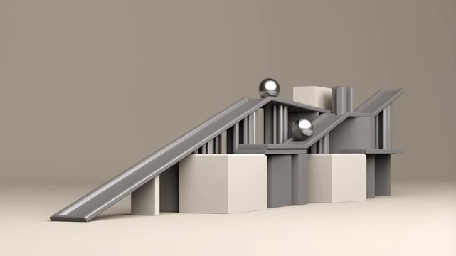 On a neutral set, a minimalist 3D assembly of ramps, beams, and cube modules supports two chrome spheres on rails, evoking a poised kinetic sculpture moments before a smooth roll.