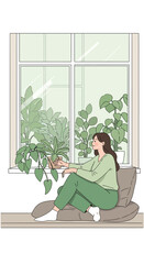 Fototapeta premium Woman Tending To Houseplants By A Sunny Window