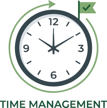 Modern Time Management Concept with Analog Clock and Green Milestone Flag