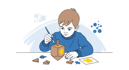 Young Boy Creatively Decorating a Dreidel With Paint