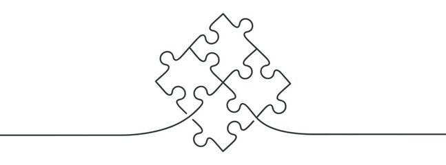 Jigsaw puzzle pieces connected by a continuous line symbolizing concepts of problem-solving, collaboration, and integration.