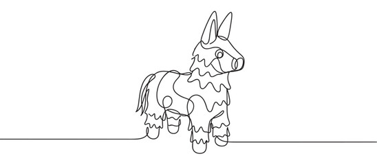 Fototapeta premium Continuous line drawing of a festive piñata donkey, a traditional party decoration for celebrations and fun events.