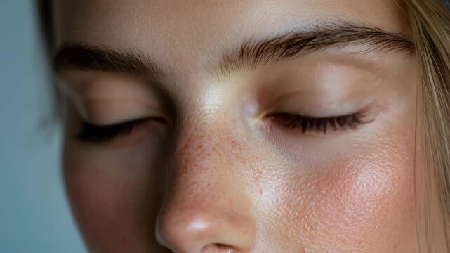 A young woman showcases her enchanting blue eyes, complemented by her flawless skin and subtle freckles. The soft lighting highlights her natural beauty and elegance.