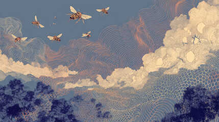 Ornamental Honey Bee Flight Over Stylized Mountain Landscape with Flowing Contour Sky in Art Nouveau Vector Poster Design