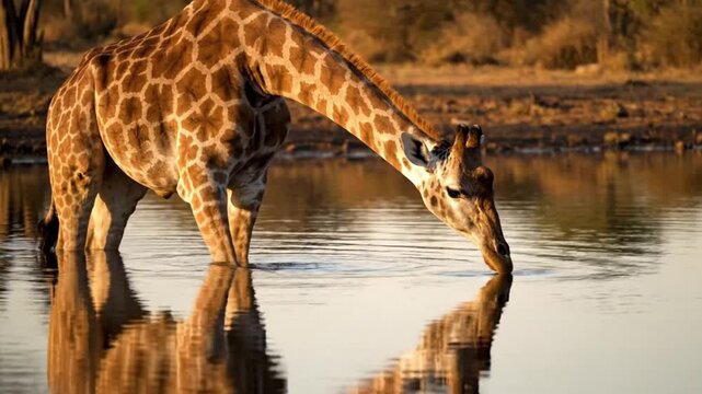 Majestic giraffe gracefully bends its long neck to drink fresh water from a still, reflective pool at sunset, displaying its distinctive patterned coat and elegant form.