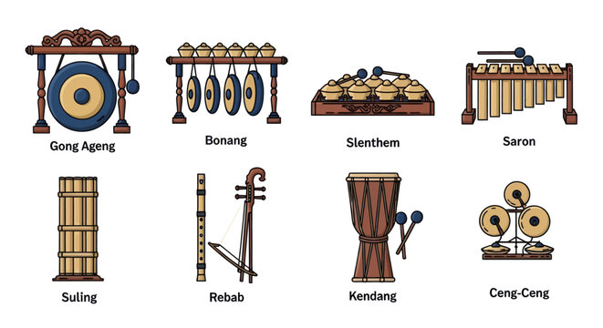Traditional Indonesian Gamelan Musical Instruments Collection Illustration.